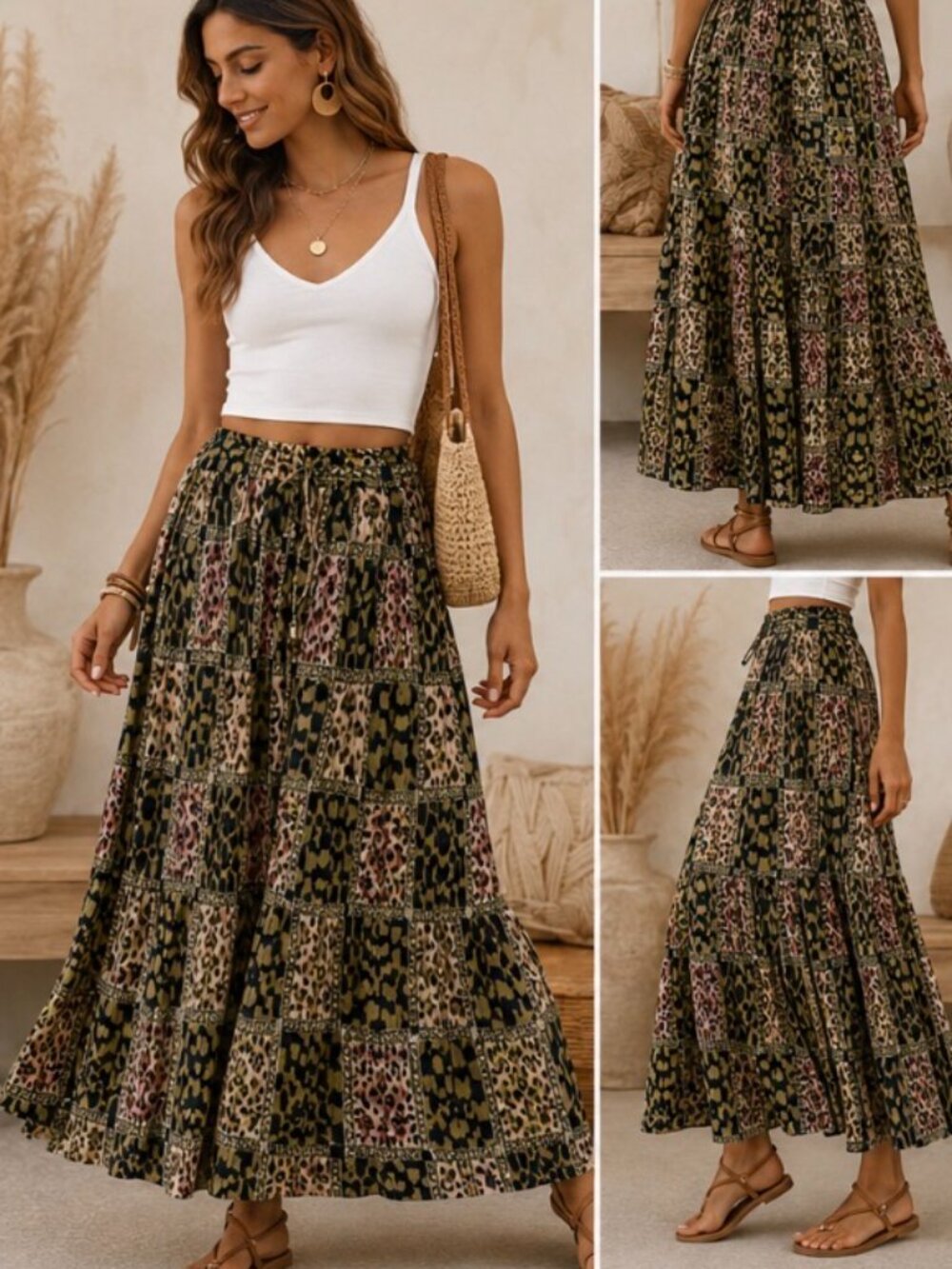 NWOT Mieux Studio Petite Boho Patchwork Maxi Skirt Cotton Rayon M/L/XL